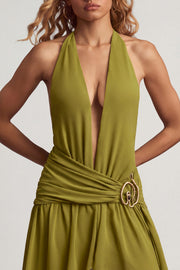 Oh Polly Oliana 14314 robe maxi vert olive asymétrique
