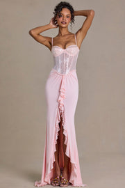 Oh Polly Robe Corset Dentelle Blossom Sequin Fendue Rose