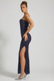 Oh Polly Lucile robe bustier strass bleu marine fendue