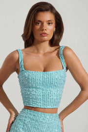 Oh Polly Lirael 14478 crop top col carré aquamarine perles