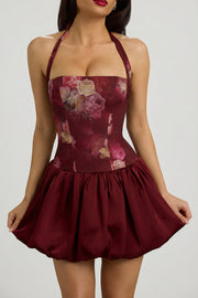 Oh Polly Nanala mini robe bordeaux fleurs col licou jupe boule