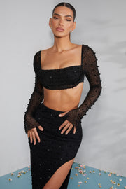 Oh Polly La Desirade Crop Top Perles Noir Col Bénitier