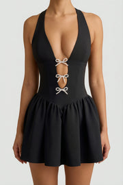 Oh Polly Angelina Robe Midi Licou Noire Black Nœuds