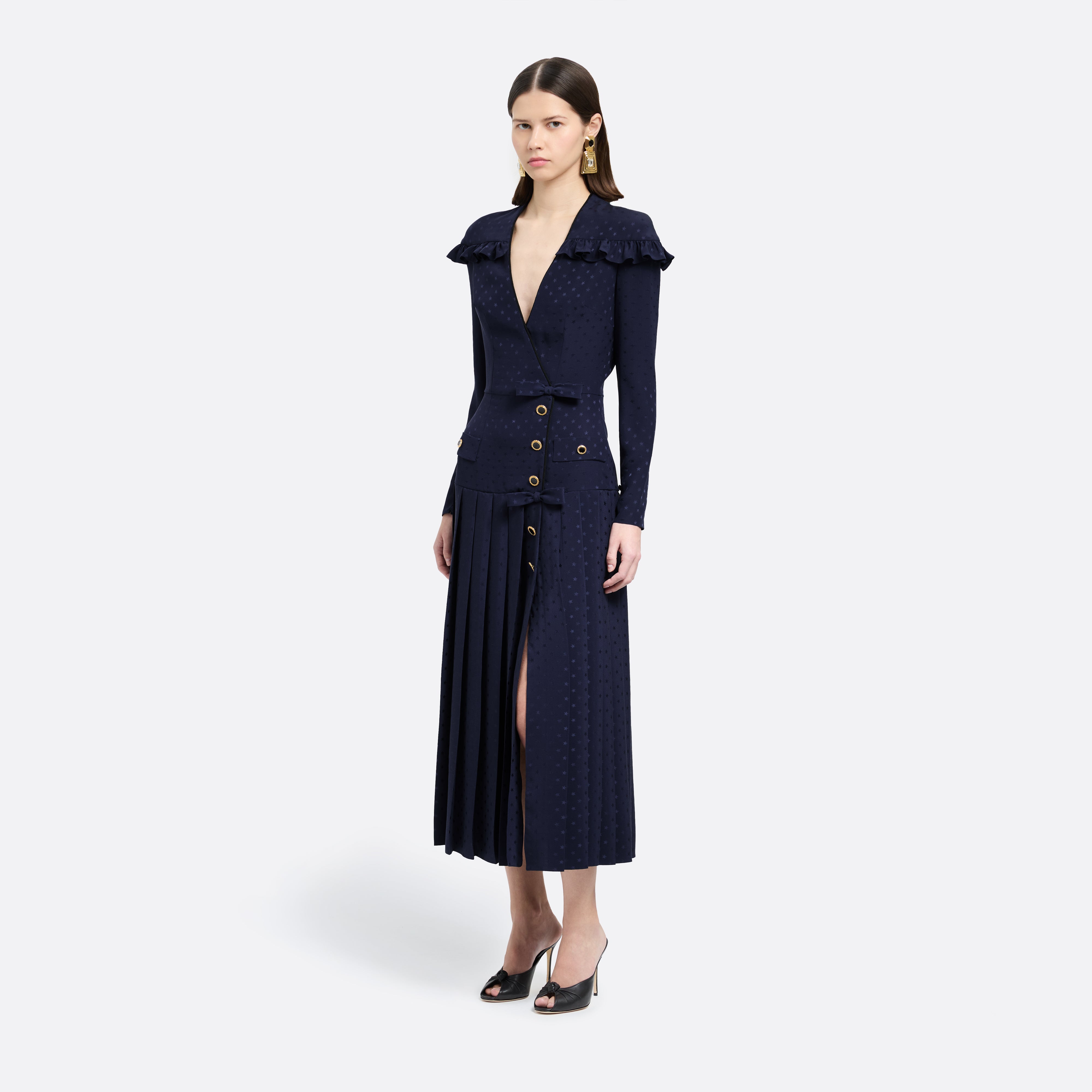 Alessandra Rich Silk Jacquard robe midi bleu marine 40