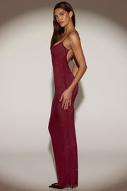 Oh Polly Embellished Celandine robe maxi bordeaux dos nu strass