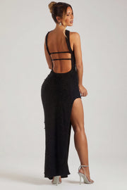 Oh Polly Embellished 6126 maxi robe noire bustier perles