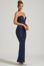 Oh Polly Lucile robe bustier strass bleu marine fendue