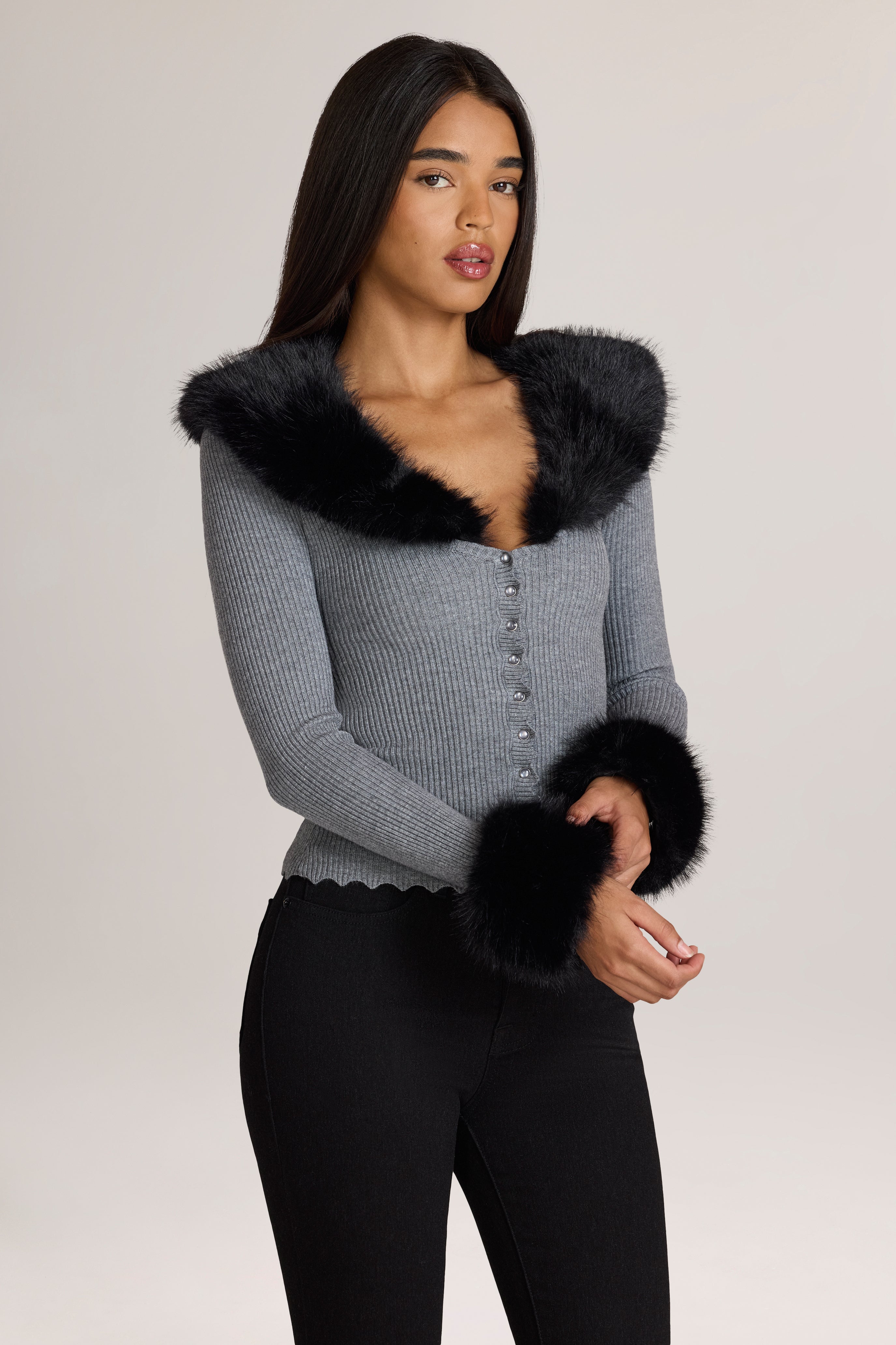 Oh Polly Lissie cardigan maille gris fausse fourrure
