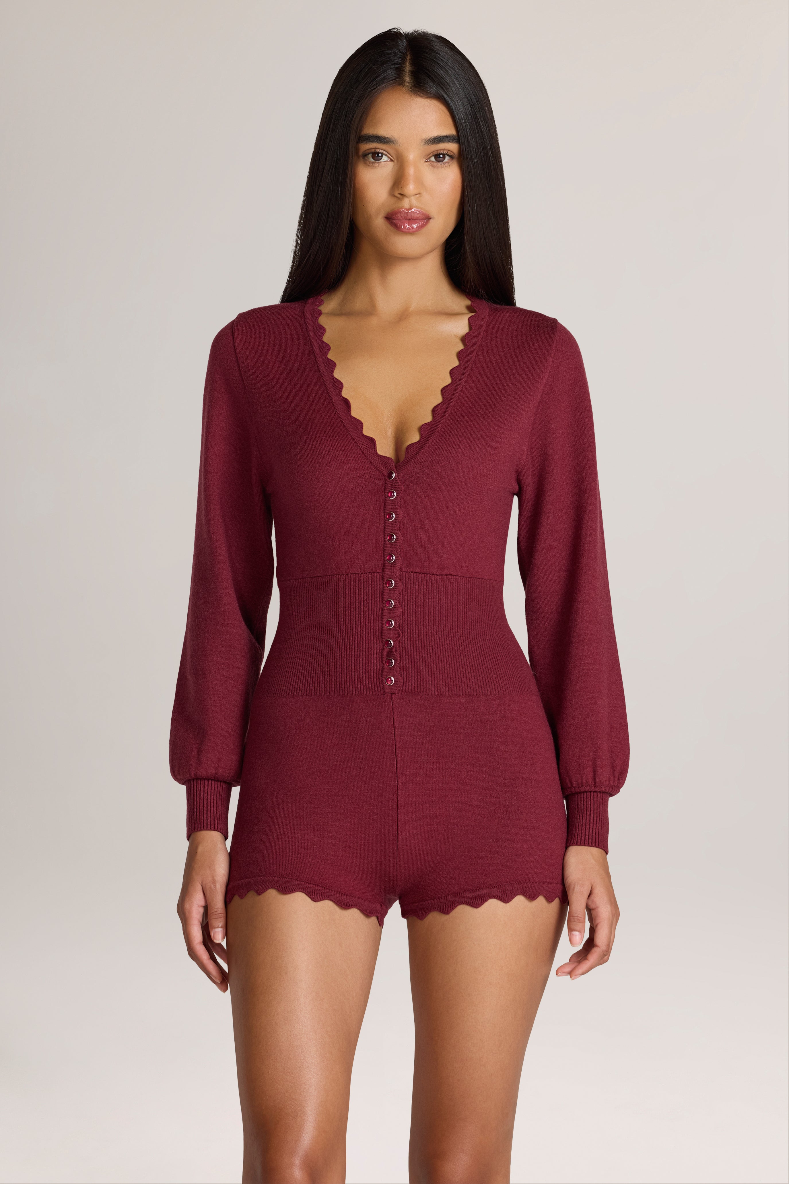 Oh Polly Myla Combishort Maille Bordeaux Manches Longues S