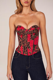 Oh Polly Top bustier corset satin léopard rose laçage