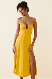 Oh Polly Joely robe bustier jaune jersey fente midaxi