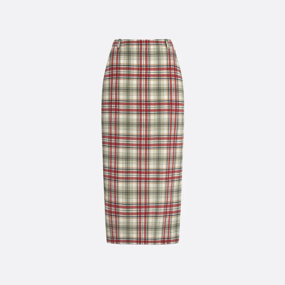 Alessandra Rich Tartan-Print Silk Midi Skirt jupe soie vert rouge 40