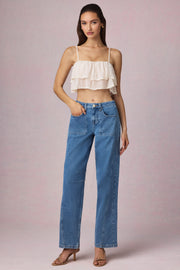 Oh Polly 13841 jean barrel bleu taille mi-haute coton