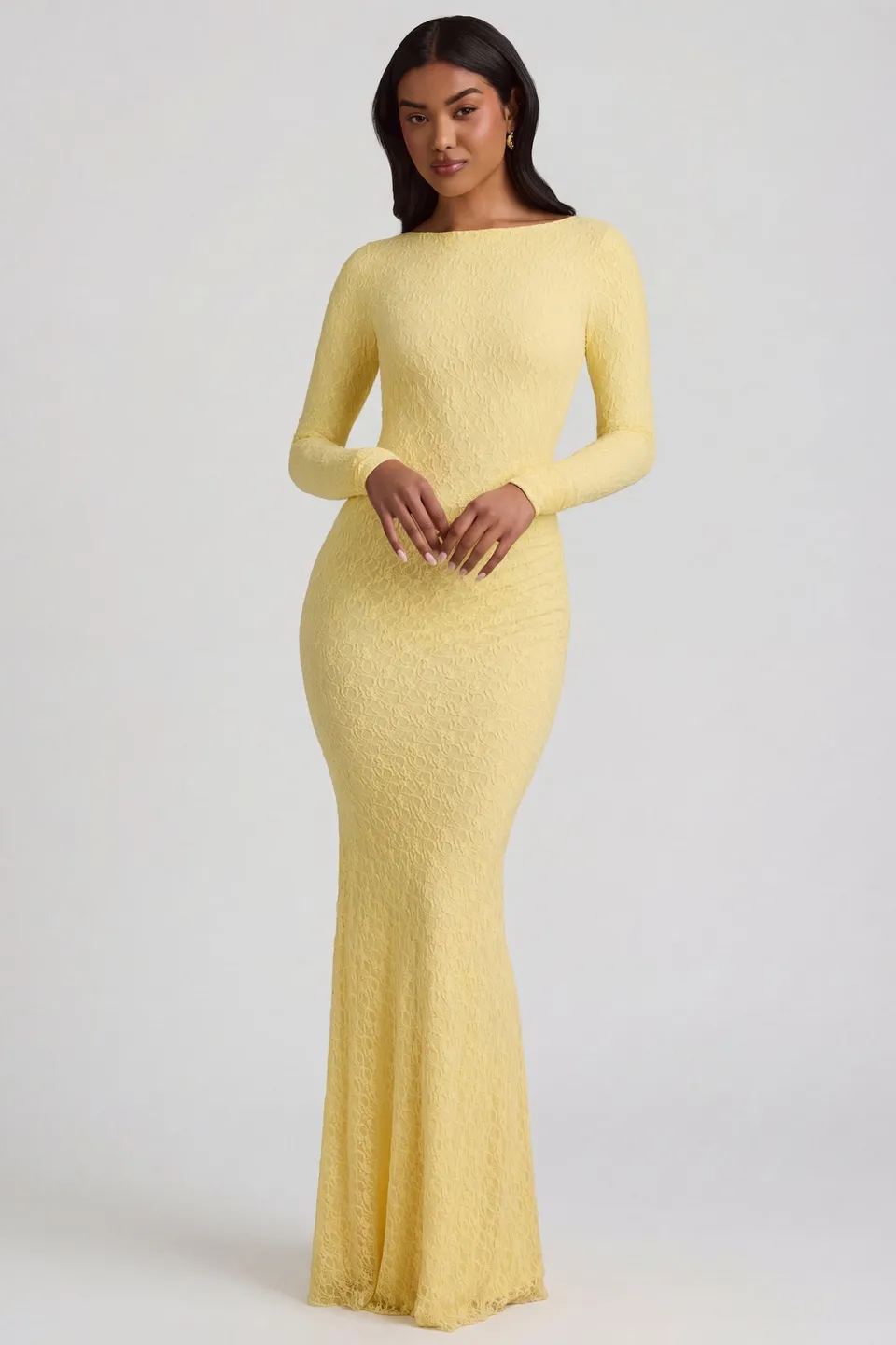 Oh Polly Tarini 14103 robe longue jaune pastel dentelle