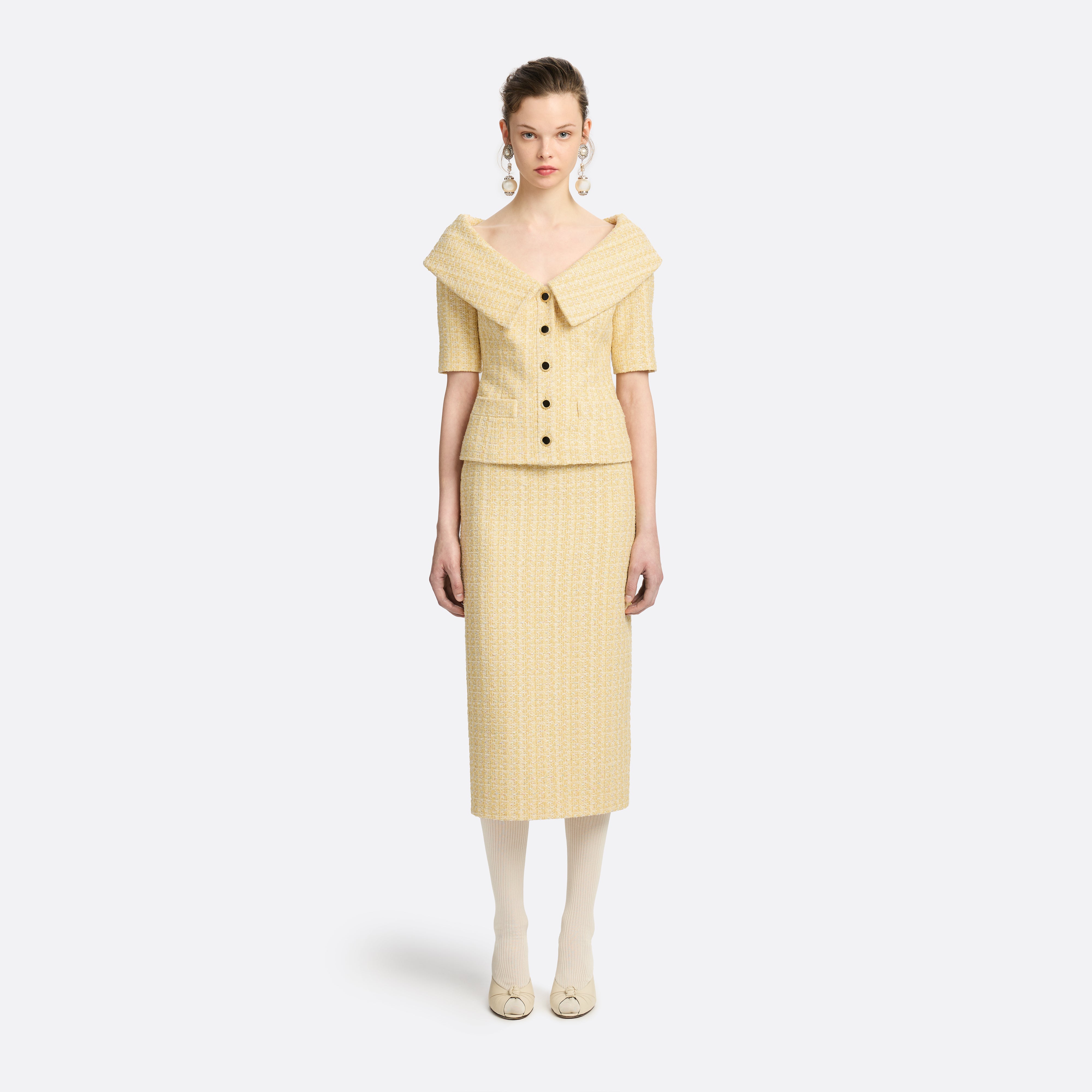Alessandra Rich veste tweed sequins jaune épaules dénudées 38