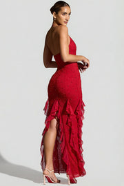 Oh Polly Embellished 8109 Robe Maxi Rouge Perles Col Licou