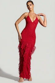 Oh Polly Embellished 8109 Robe Maxi Rouge Perles Col Licou