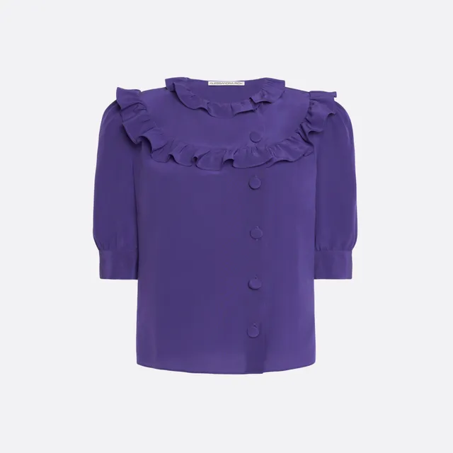 Alessandra Rich Silk Blouse with Ruffles chemisier violet soie