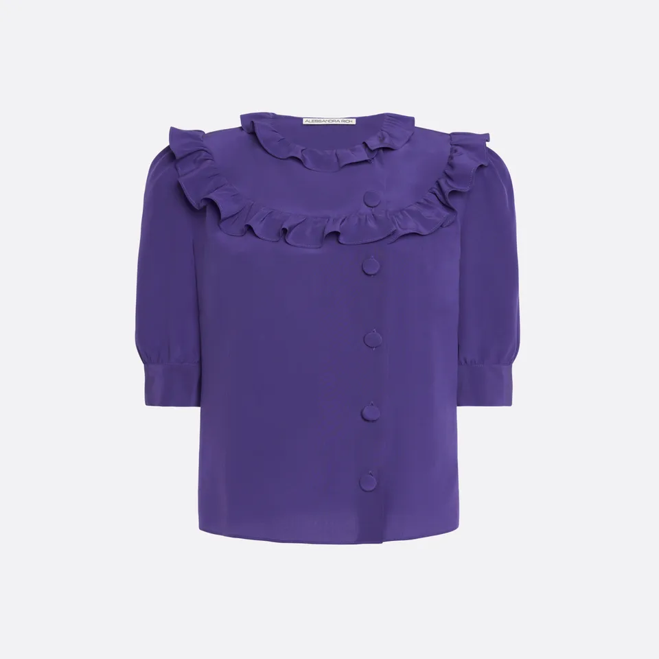 Alessandra Rich Silk Blouse with Ruffles chemisier violet soie