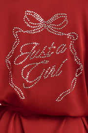 Oh Polly Embellished Reina peignoir satin rouge rubis ceinture