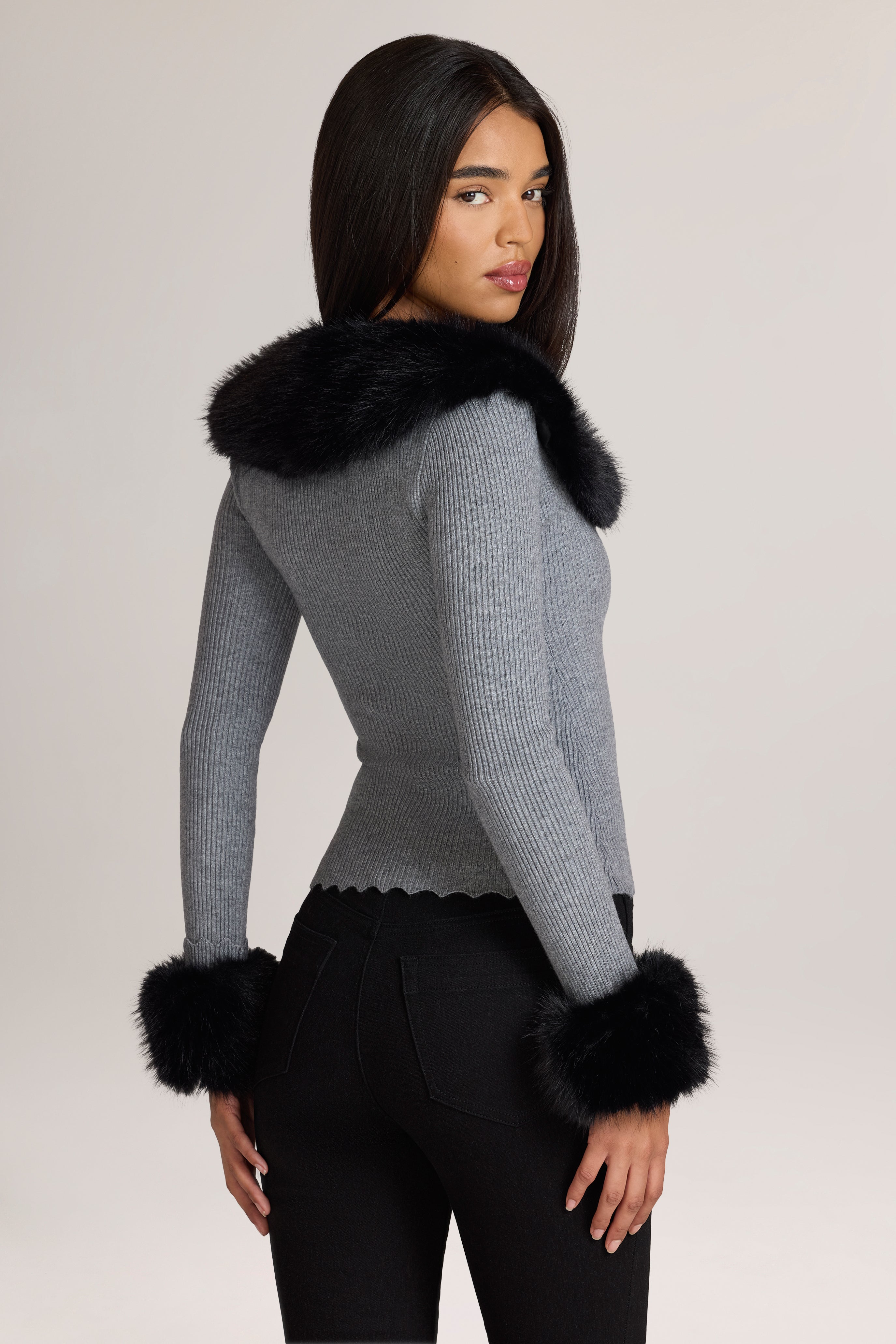Oh Polly Lissie cardigan maille gris fausse fourrure