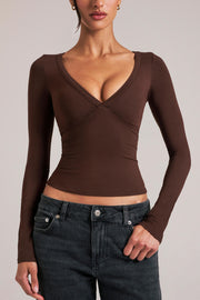 Oh Polly haut col V manches longues chocolate brown modal