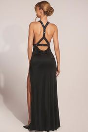 Oh Polly Dresses robe longue fendue noire strass