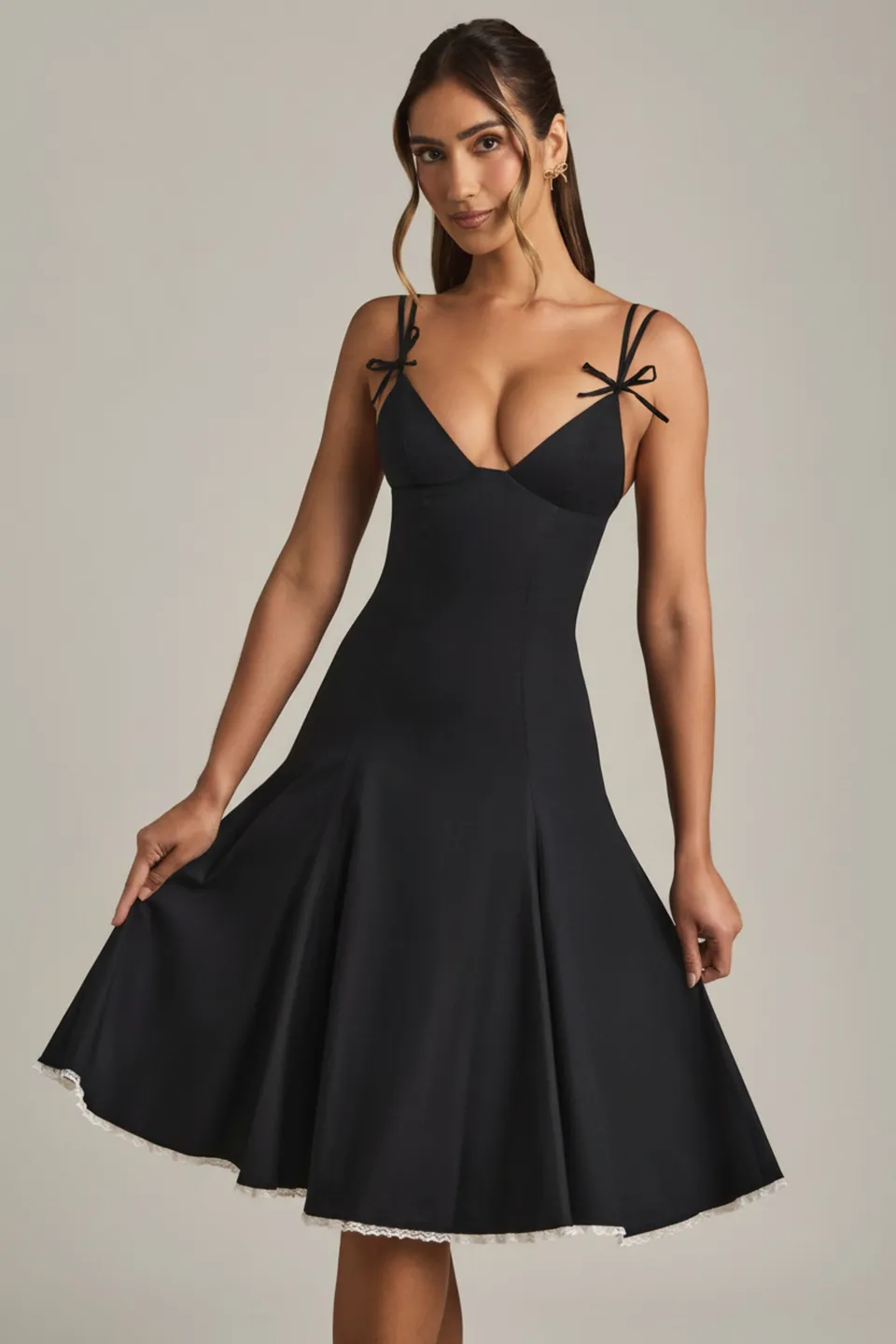 Oh Polly Mallory robe midi noire à nœuds coton