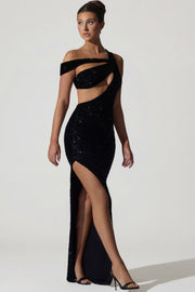 Oh Polly Embellished Persephone robe longue noire sequins fendue