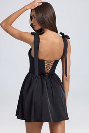 Oh Polly Draped Corset Mini Robe Noire Satin Dos Lacé