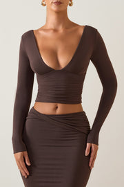 Oh Polly Harri Top Plongeant Marron Chocolat Modal Manches Longues