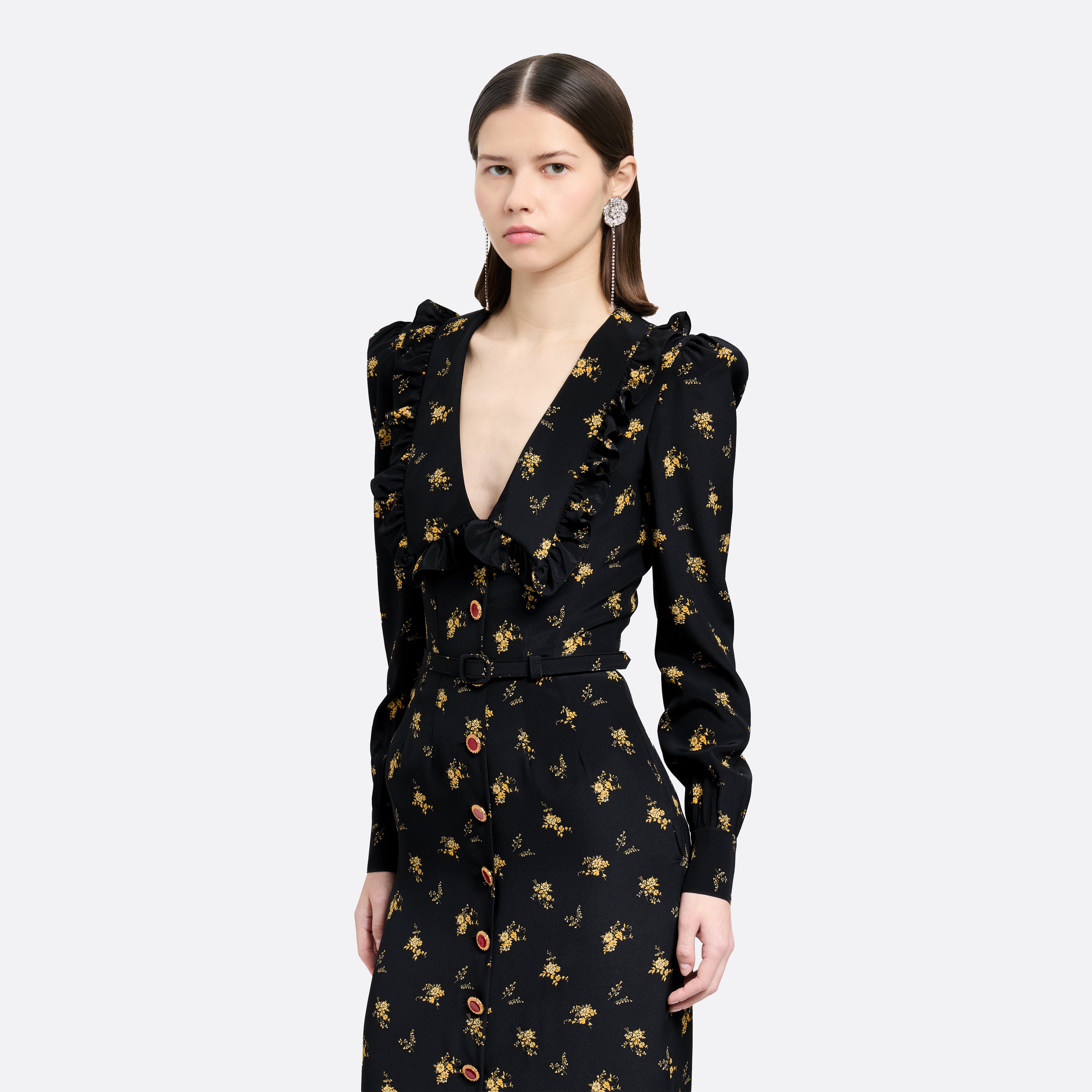 Alessandra Rich robe midi soie fleurs col V noir jaune