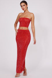 Oh Polly Embellished Jupe Maxi 7835 Rouge Feu Strass