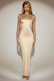 Oh Polly Hivera robe maxi champagne satin dos torsadé