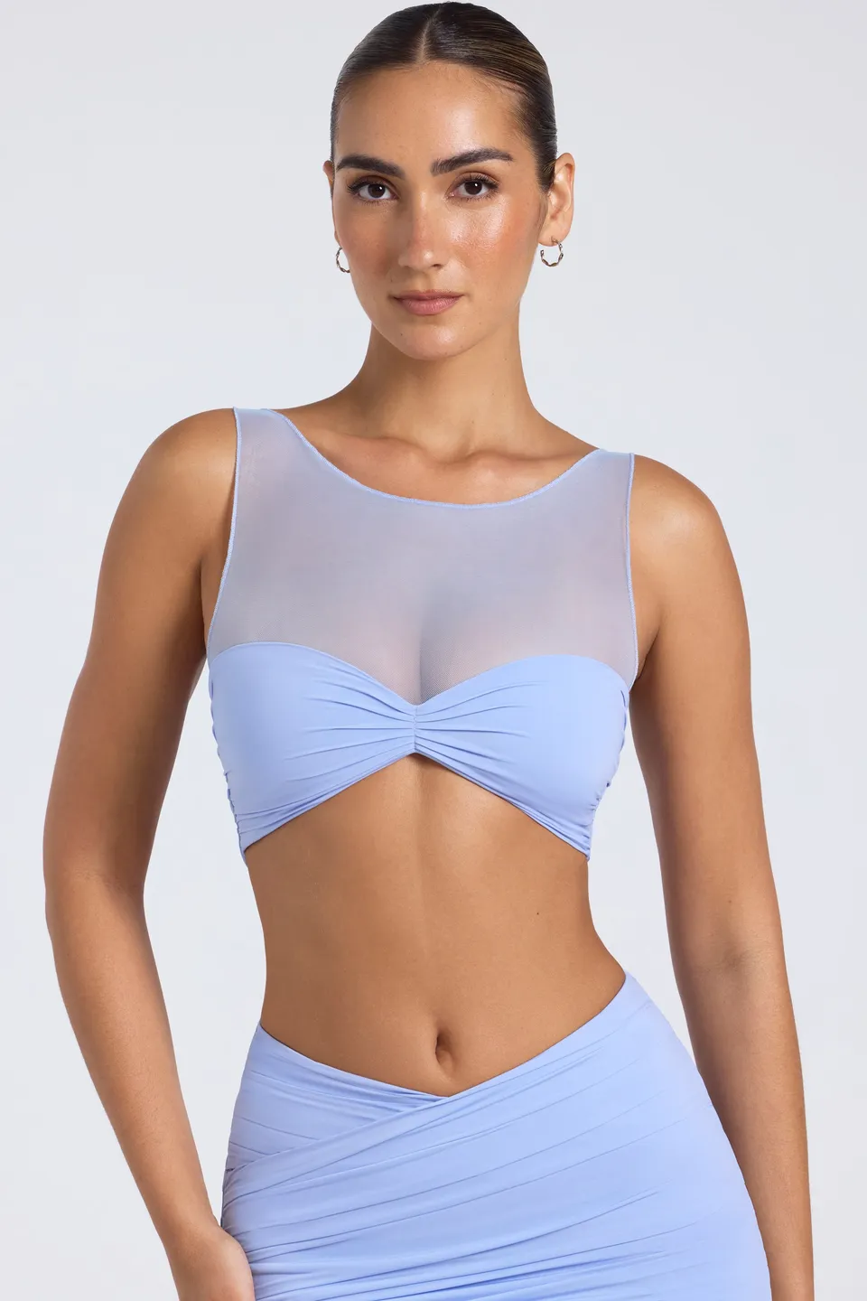 Oh Polly Yume Crop Top Bleu Pervenche Mesh Froncé Sans Manches