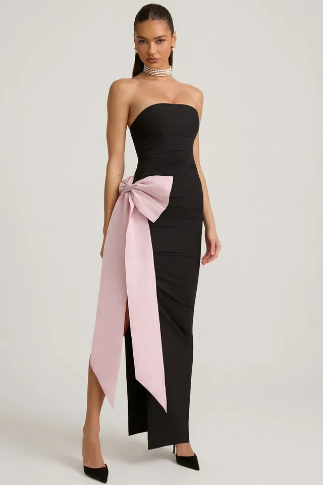 Oh Polly Angelique robe maxi noire bustier nœud