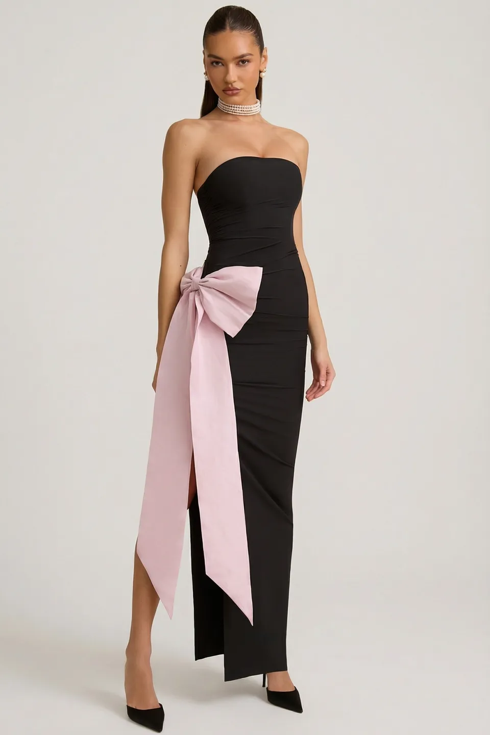 Oh Polly Angelique robe maxi noire bustier nœud