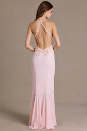 Oh Polly 15978 robe longue rose baby chiffon fendue