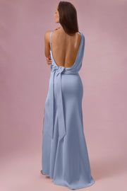 Oh Polly Dresses Florienne robe longue satin bleu ciel fendue