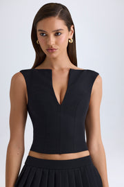 Oh Polly Kadie Crop Top Noir Col V Structuré Tissé Stretch