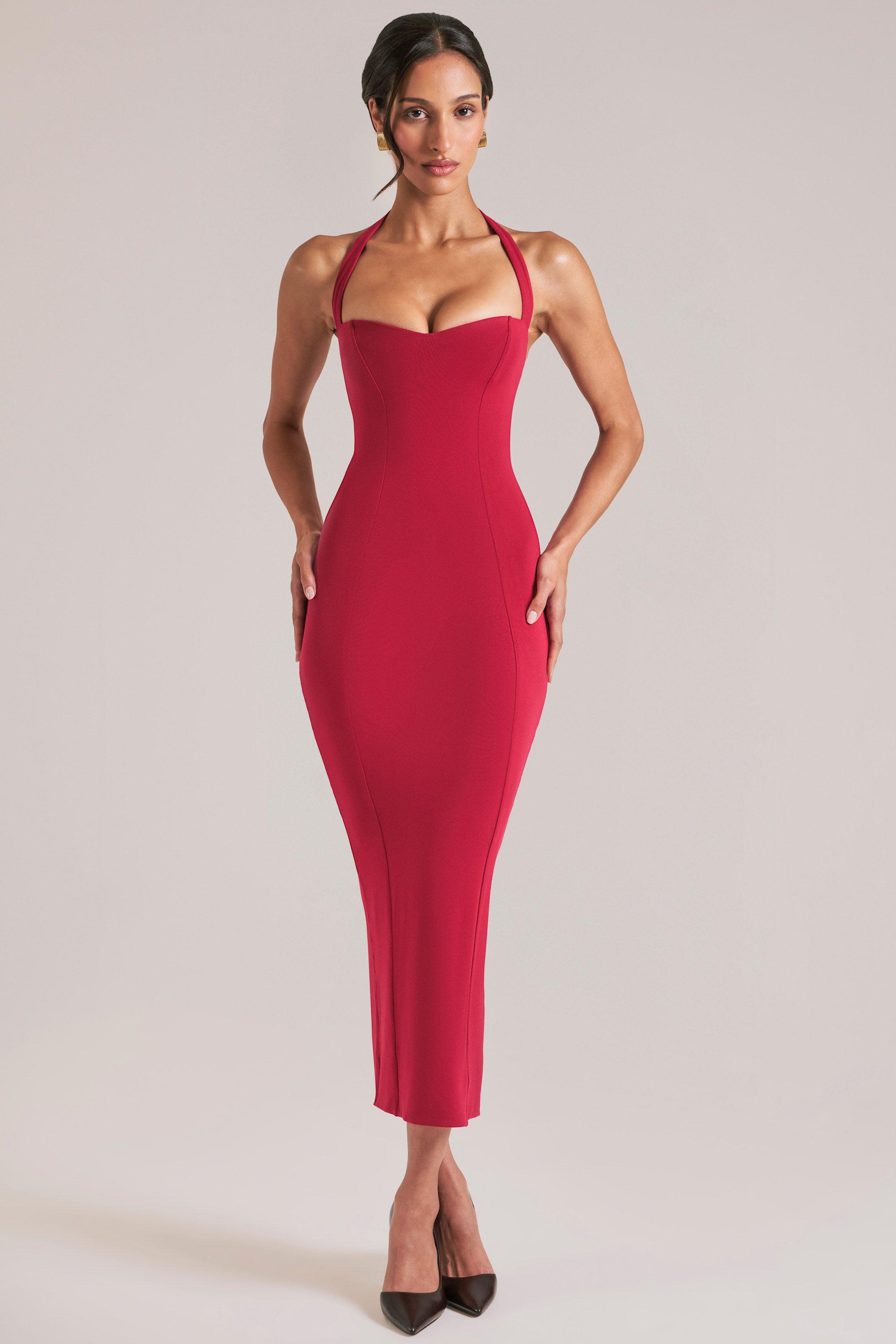 Oh Polly 15985 robe midaxi halter bustier rouge Cherry Red