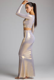 Oh Polly Zahra jupe longue maxi dorée jersey métallique