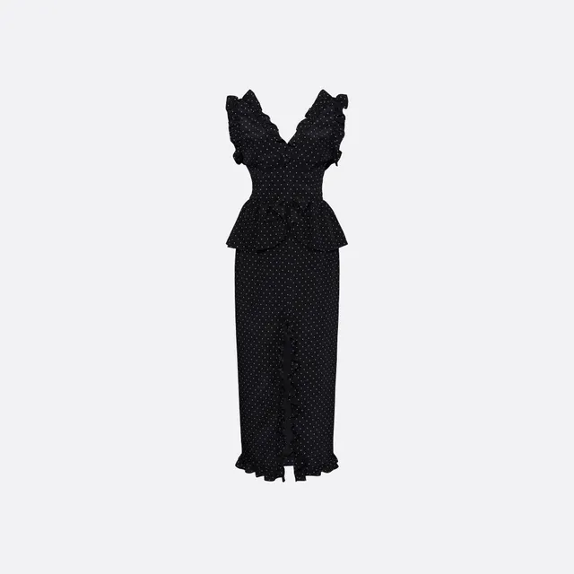 Alessandra Rich Silk Peplum Midi Dress robe noir ivoire 36-46