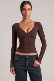 Oh Polly haut col V manches longues chocolate brown modal