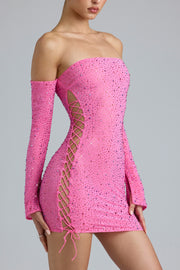 Oh Polly Embellished Jade 8332 robe mini rose bonbon strass