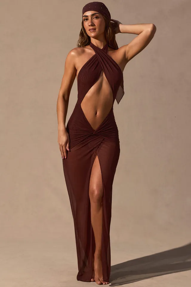 Oh Polly Caicos NS0923 robe maxi halter marron dos nu fente
