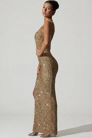 Oh Polly Embellished Persephone robe longue dorée sequins fendue