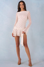 Oh Polly Dresses Mini Robe Ivoire Pois Dos Nu Manches Longues