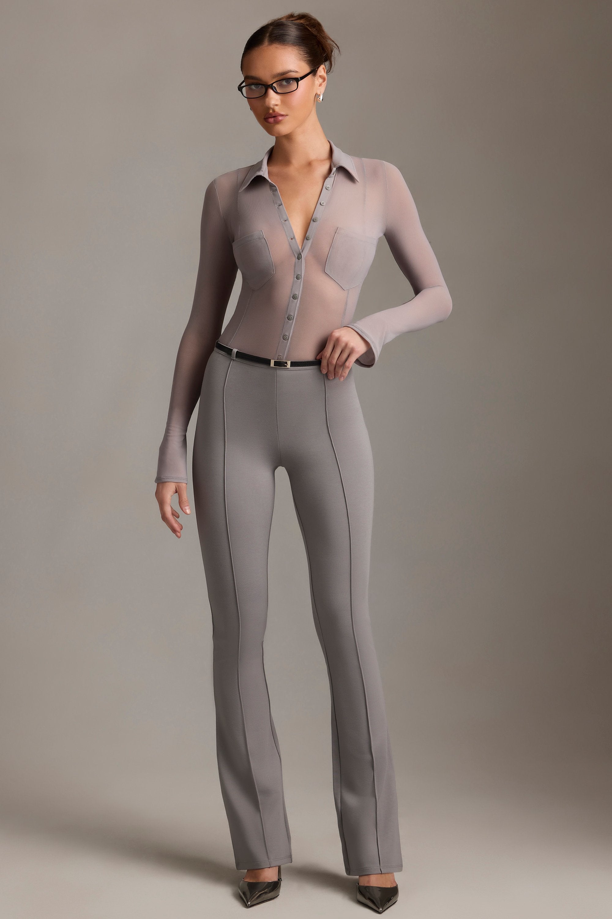 Oh Polly Trousers Althea pantalon gris évasé taille basse
