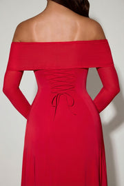 Oh Polly Nerissa 12683 robe midaxi rouge épaules dénudées